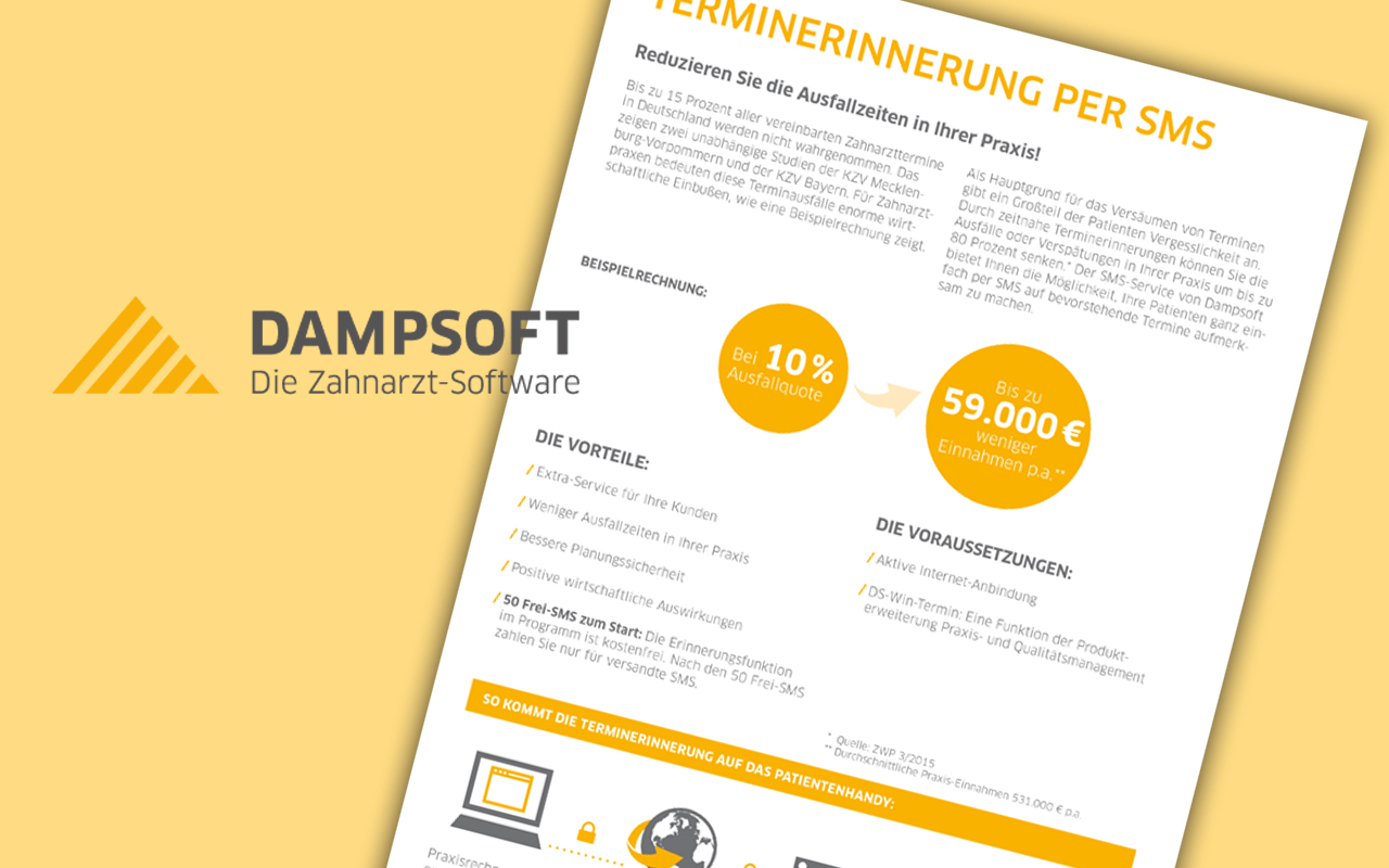 Broschüre von Dampsoft: "Terminerinnerung per SMS"